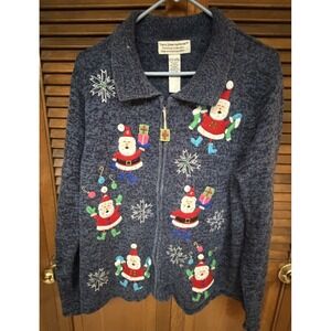 Tiara‎ Intl Christmas Sweater XL Zip Up Santa Embroidered Holiday Festive Cute